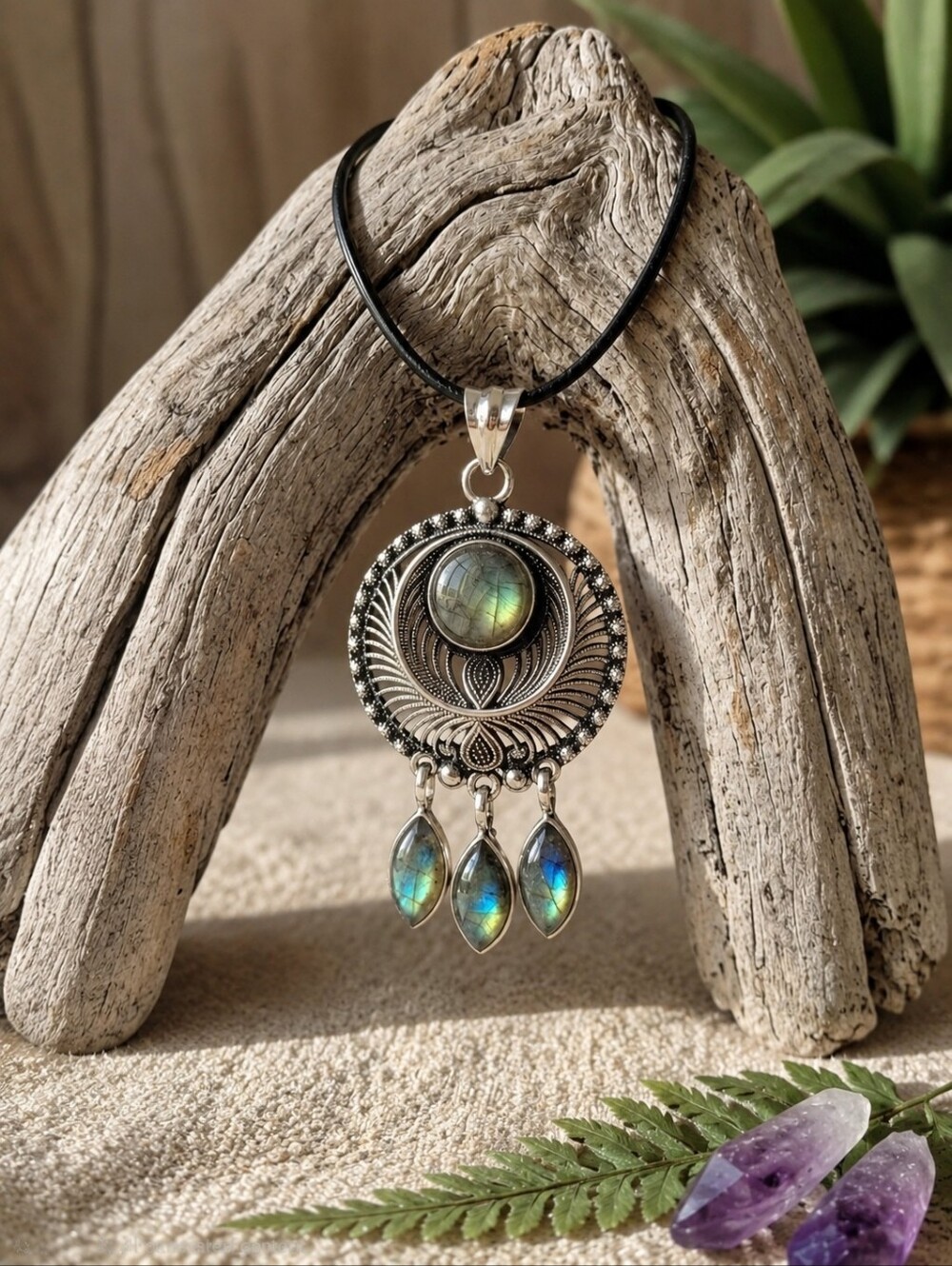 Sterling Silver Labradorite Mandala Dreamcatcher Medallion Pendant Necklace Boho